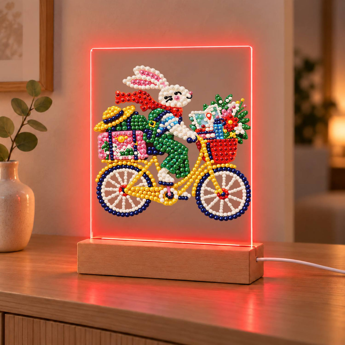 Bunny on a Yellow Bicycle (Light-Up Pearl Painting)