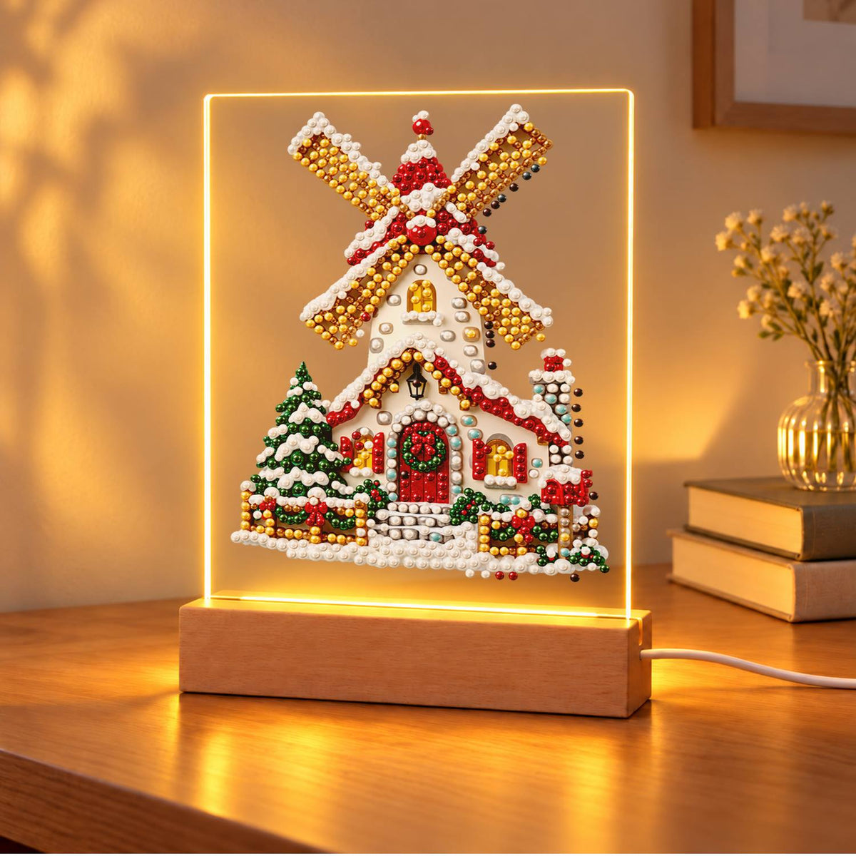 Snowy Windmill with Golden Sails (Light-Up Pearl Painting)