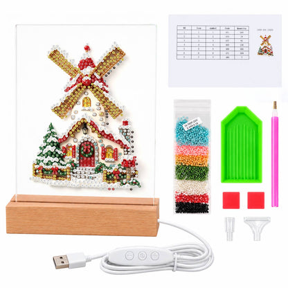 Snowy Windmill with Golden Sails (Light-Up Pearl Painting)