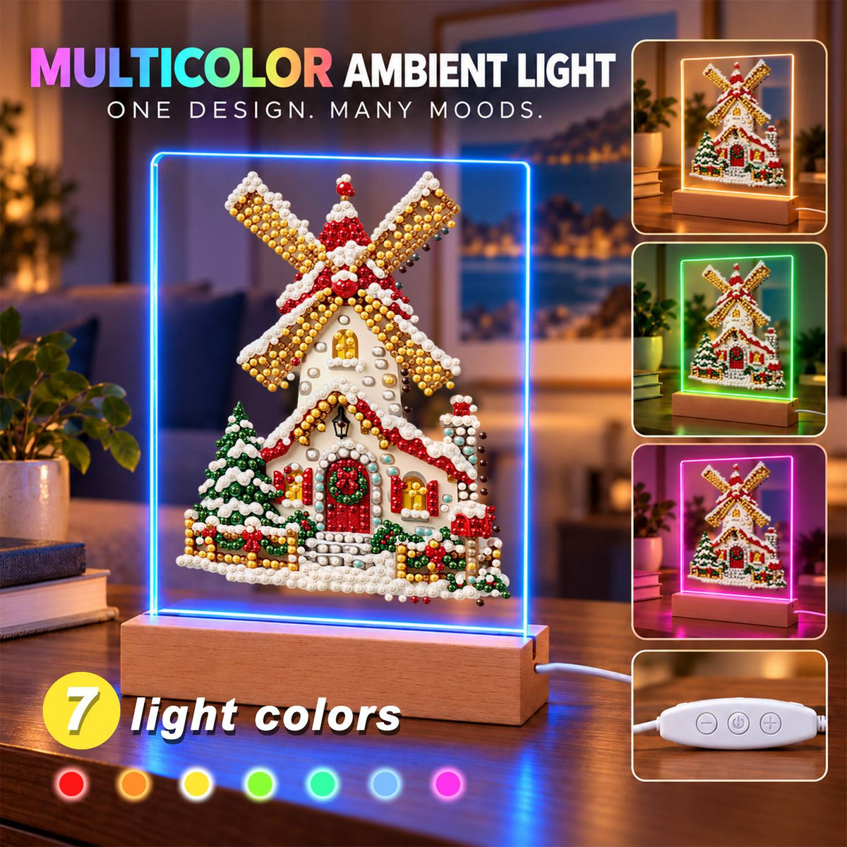 Snowy Windmill with Golden Sails (Light-Up Pearl Painting)