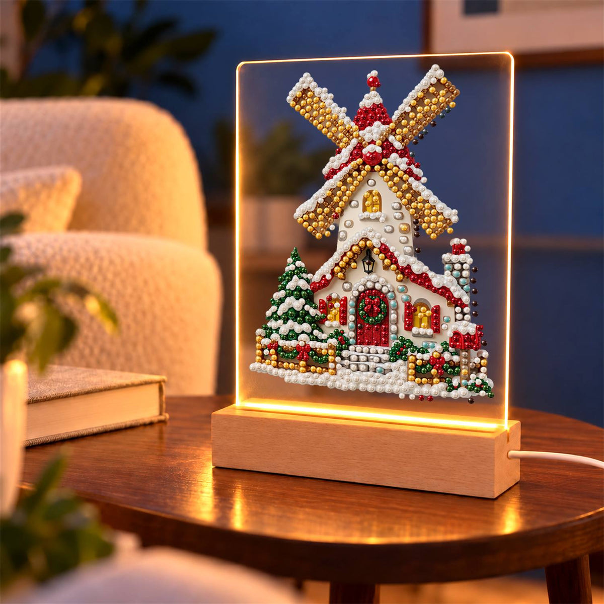 Snowy Windmill with Golden Sails (Light-Up Pearl Painting)