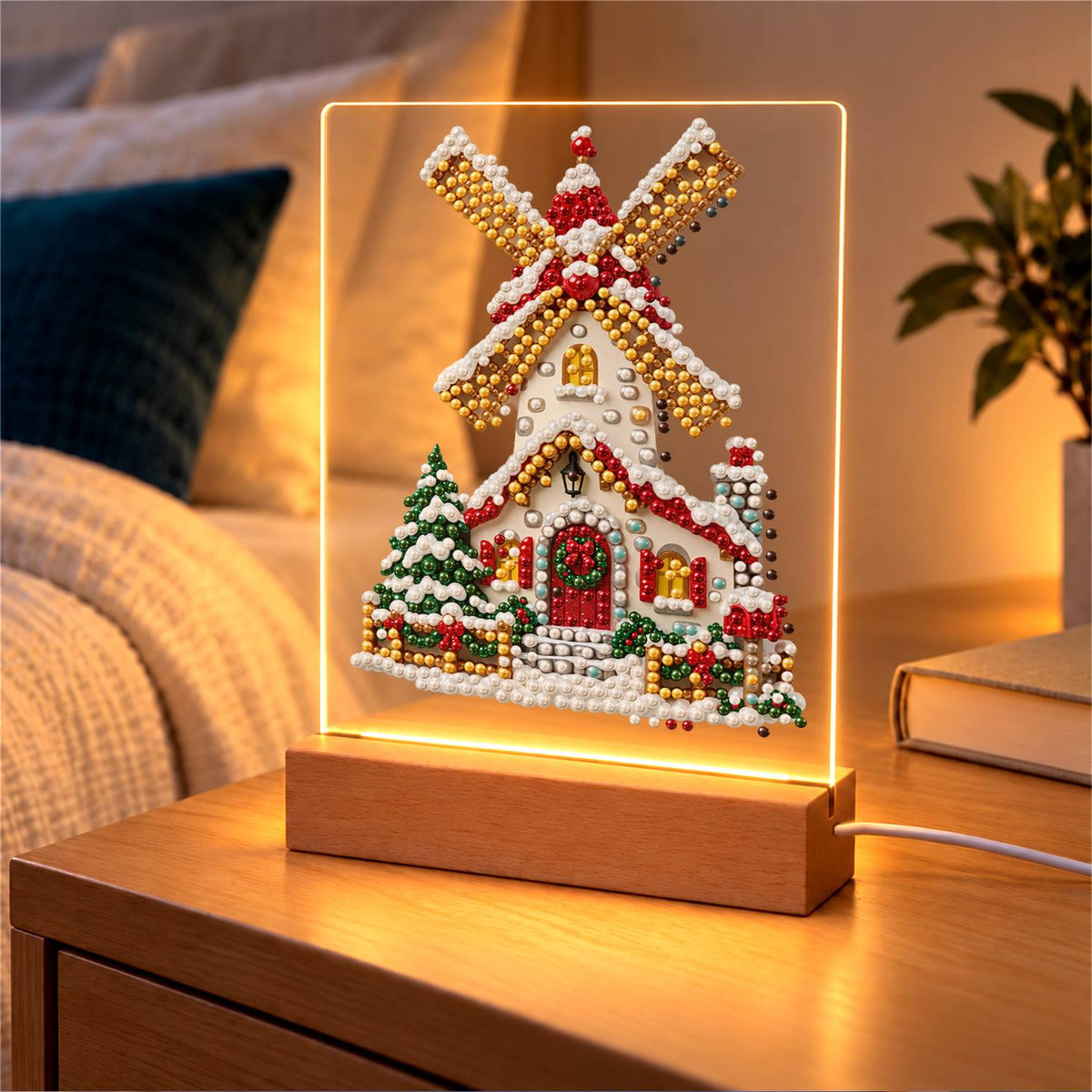 Snowy Windmill with Golden Sails (Light-Up Pearl Painting)
