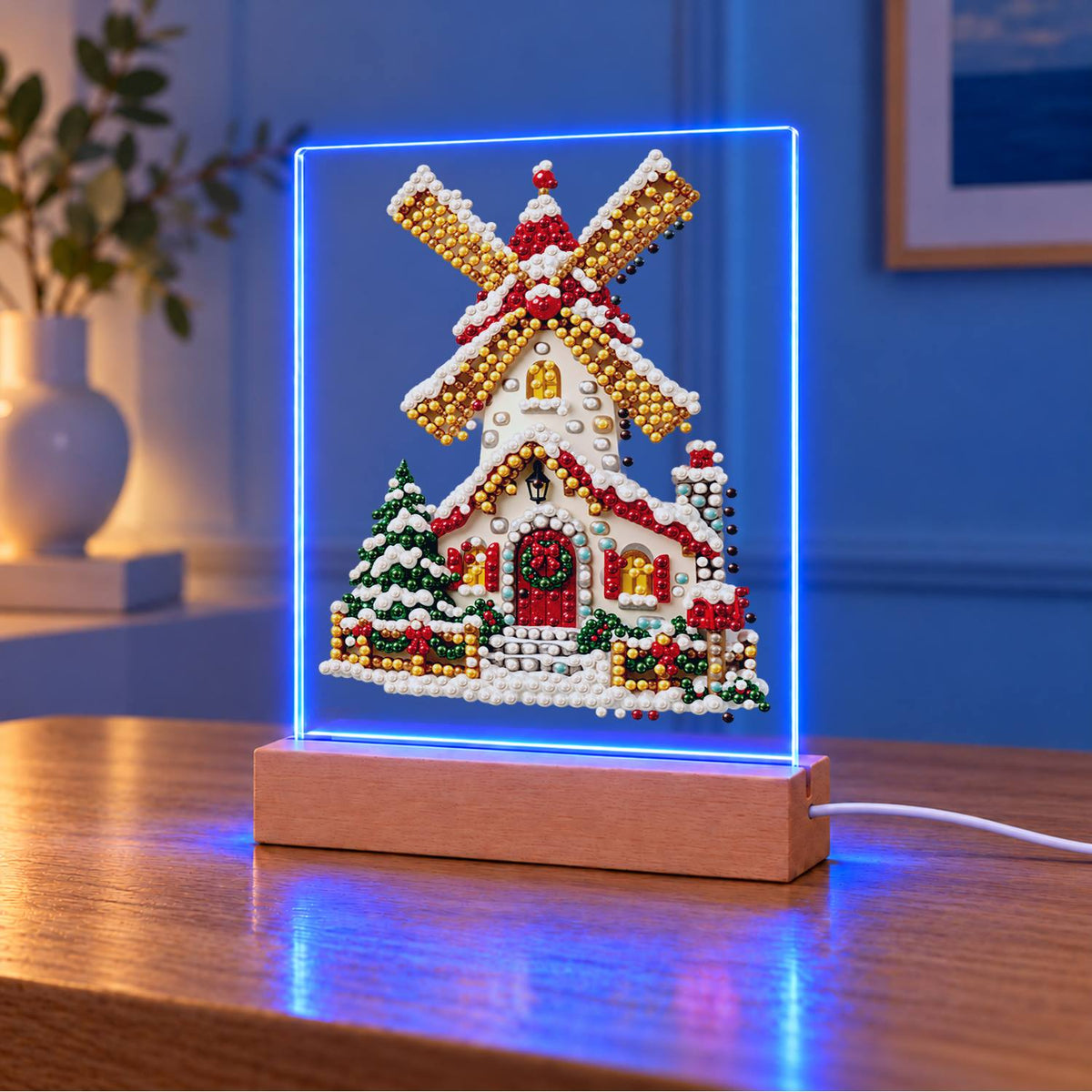 Snowy Windmill with Golden Sails (Light-Up Pearl Painting)