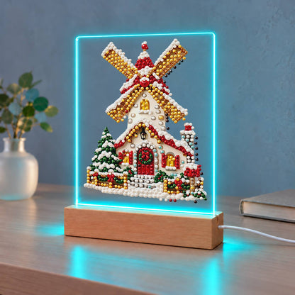 Snowy Windmill with Golden Sails (Light-Up Pearl Painting)