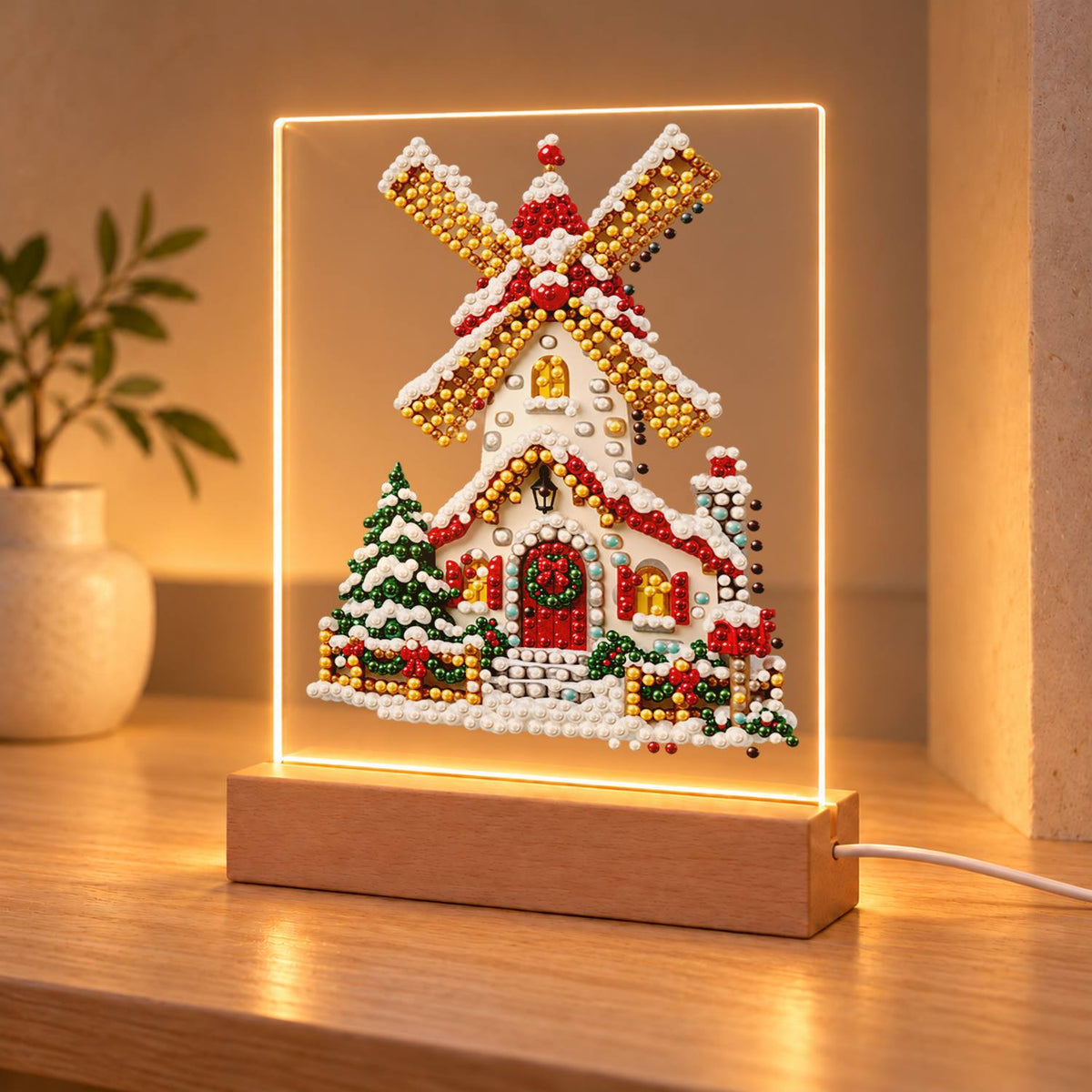 Snowy Windmill with Golden Sails (Light-Up Pearl Painting)