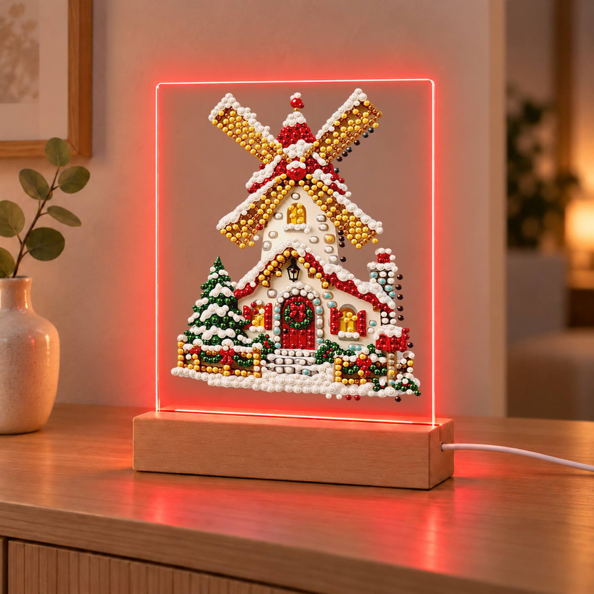 Snowy Windmill with Golden Sails (Light-Up Pearl Painting)