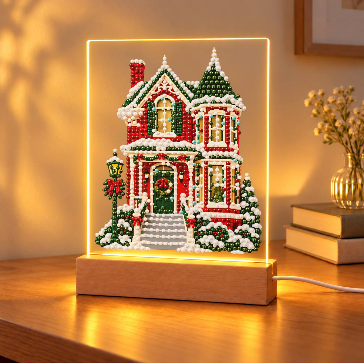 Red Victorian House in Snow (Light-Up Pearl Painting)