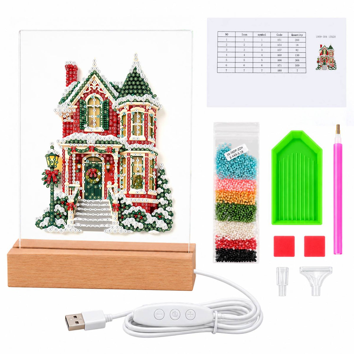 Red Victorian House in Snow (Light-Up Pearl Painting)