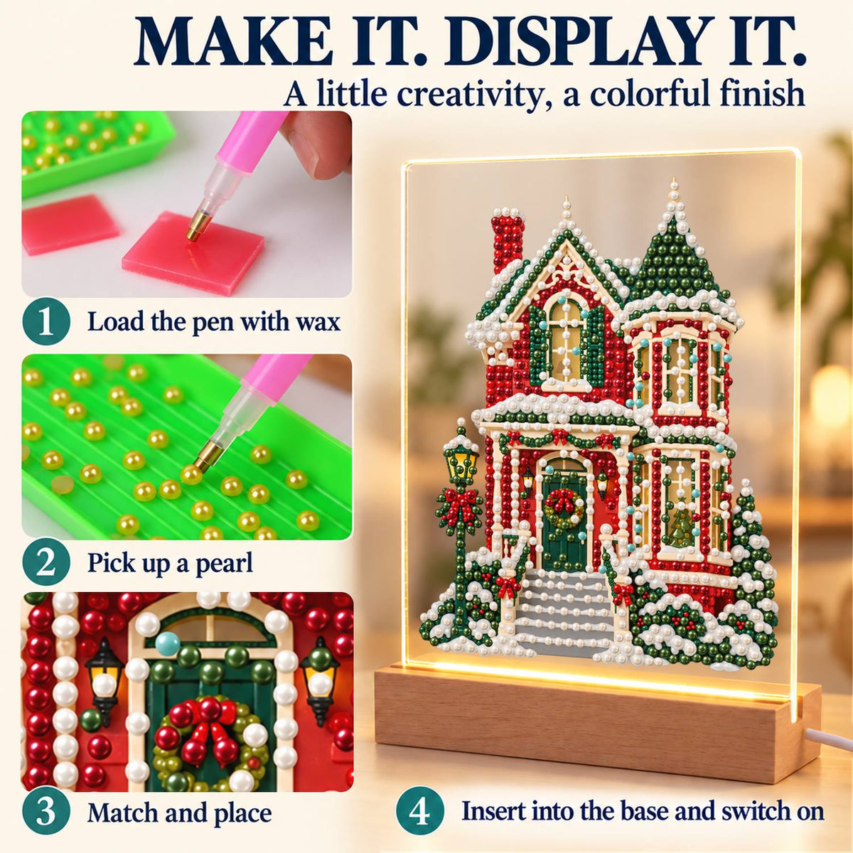 Red Victorian House in Snow (Light-Up Pearl Painting)