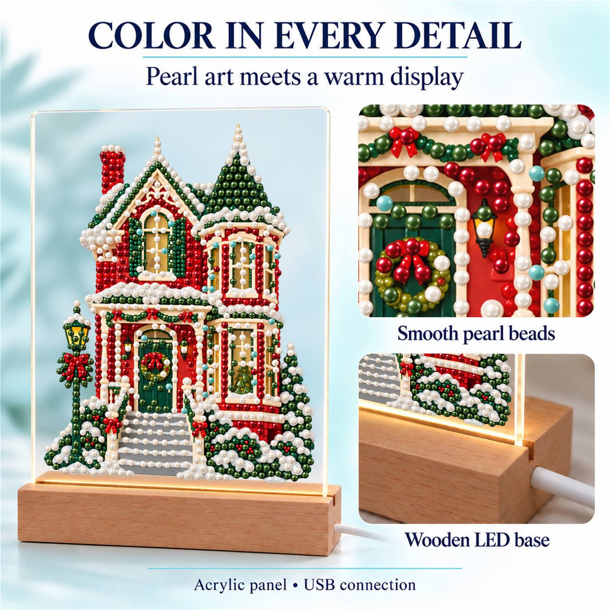 Red Victorian House in Snow (Light-Up Pearl Painting)