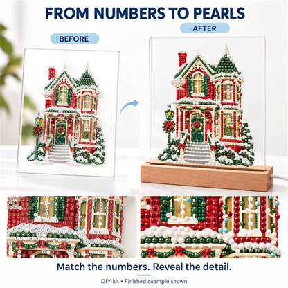 Red Victorian House in Snow (Light-Up Pearl Painting)