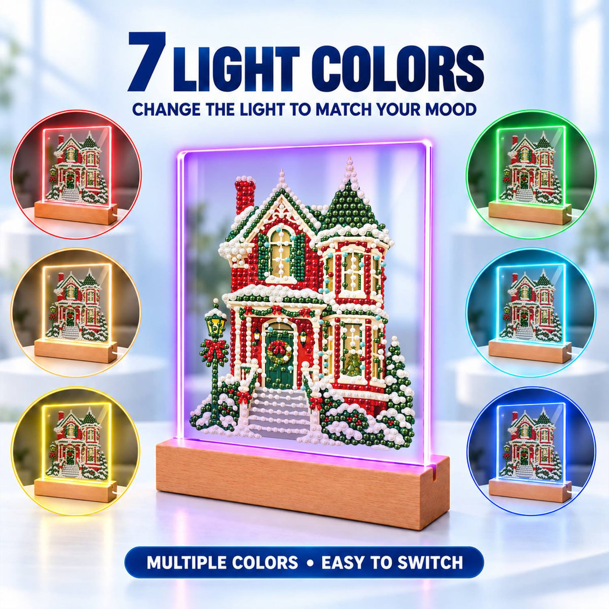 Red Victorian House in Snow (Light-Up Pearl Painting)