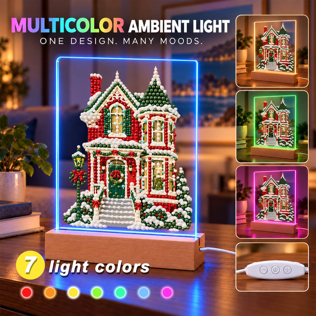 Red Victorian House in Snow (Light-Up Pearl Painting)