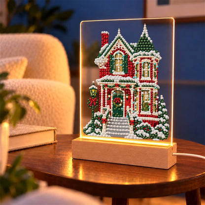 Red Victorian House in Snow (Light-Up Pearl Painting)