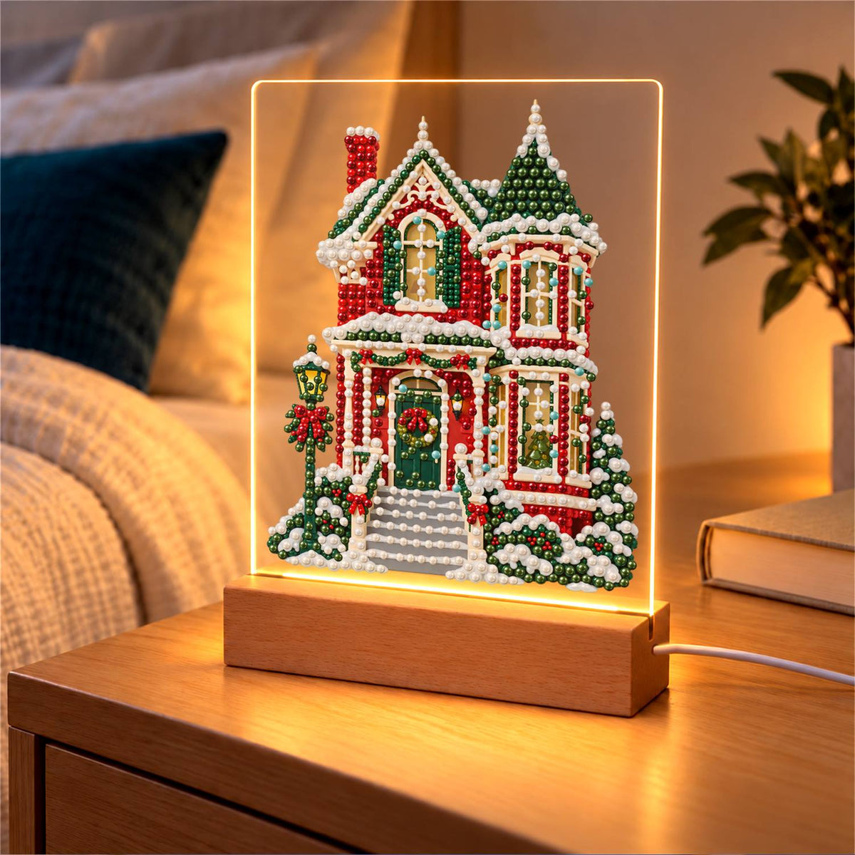 Red Victorian House in Snow (Light-Up Pearl Painting)