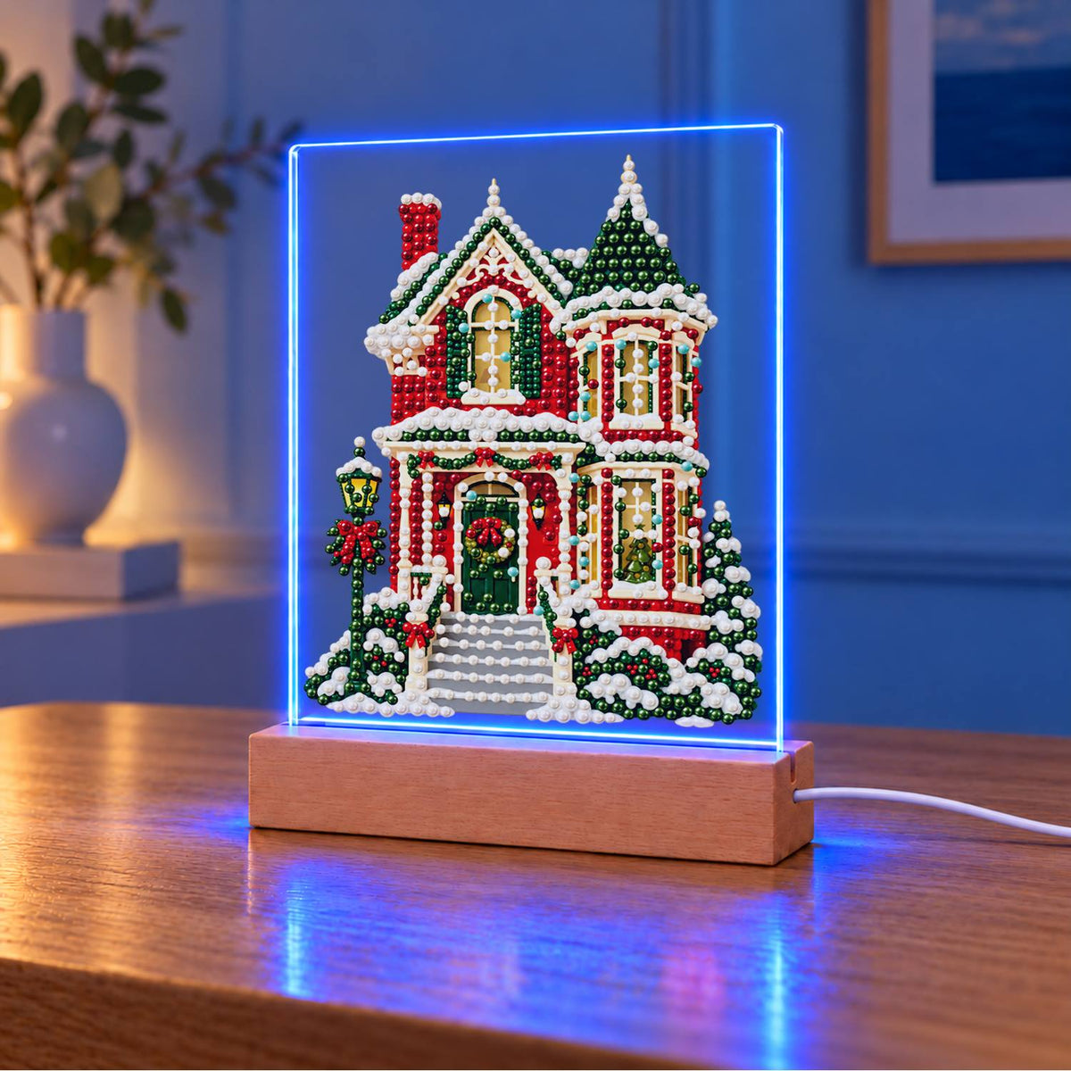 Red Victorian House in Snow (Light-Up Pearl Painting)