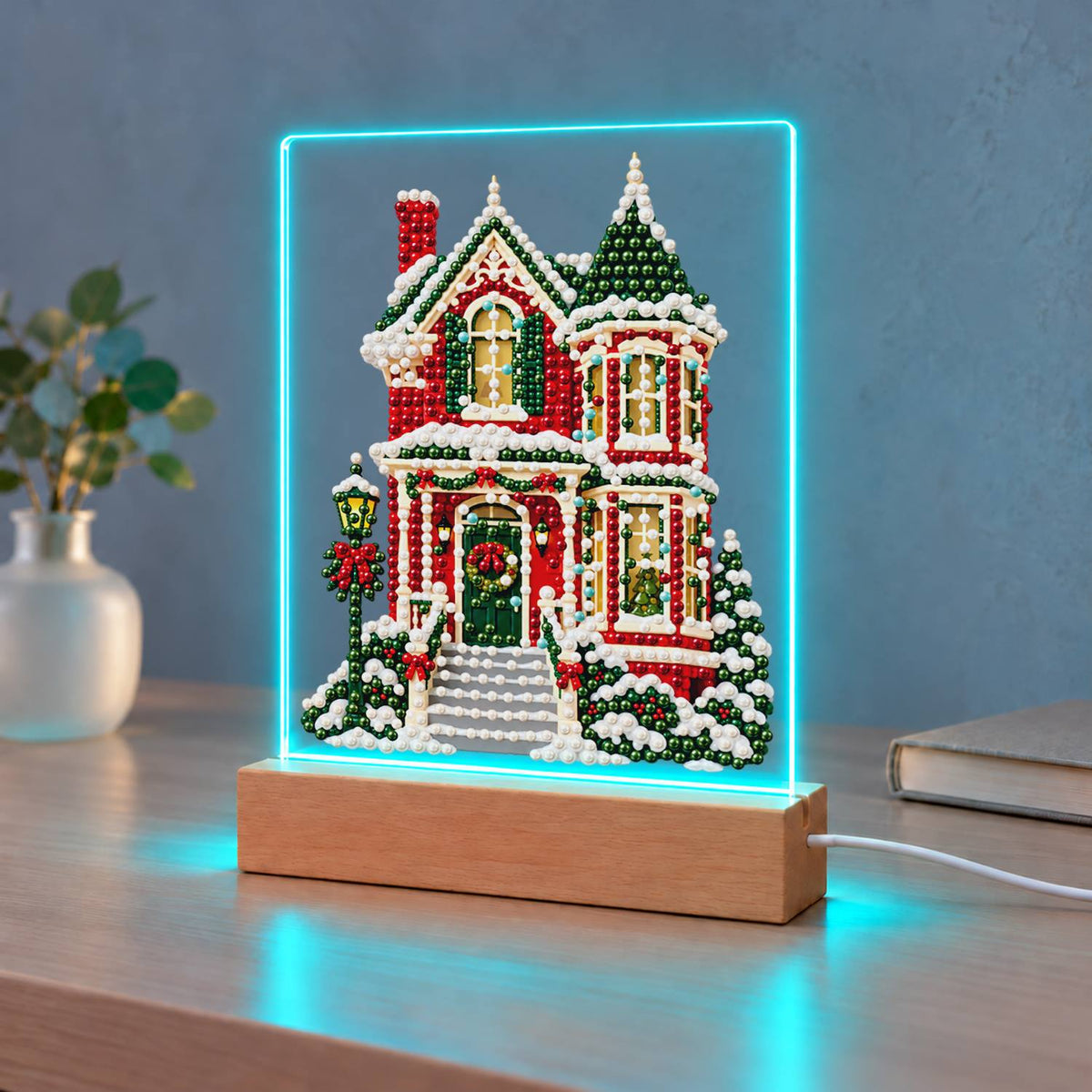 Red Victorian House in Snow (Light-Up Pearl Painting)
