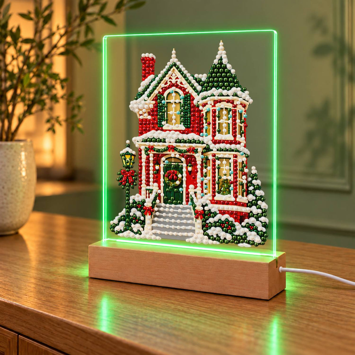 Red Victorian House in Snow (Light-Up Pearl Painting)