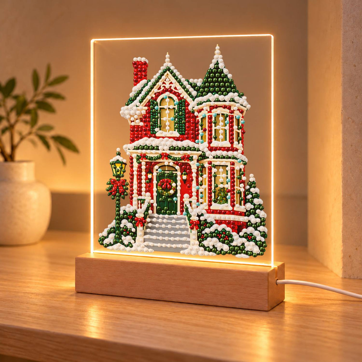 Red Victorian House in Snow (Light-Up Pearl Painting)