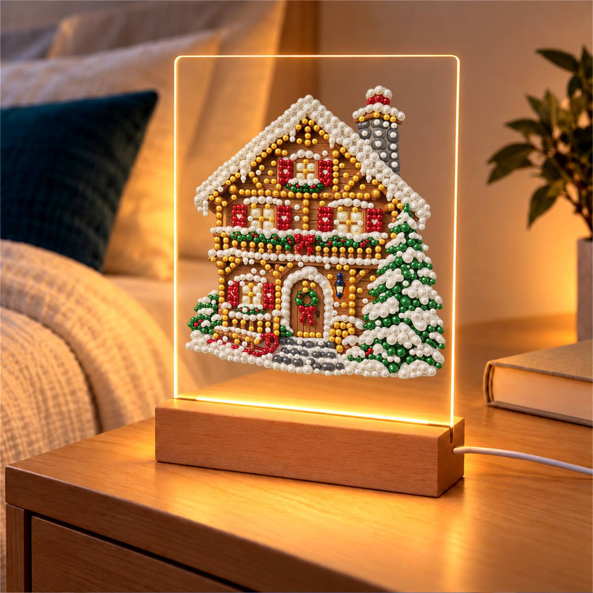 Snowy Alpine Chalet with Garland (Light-Up Pearl Painting)