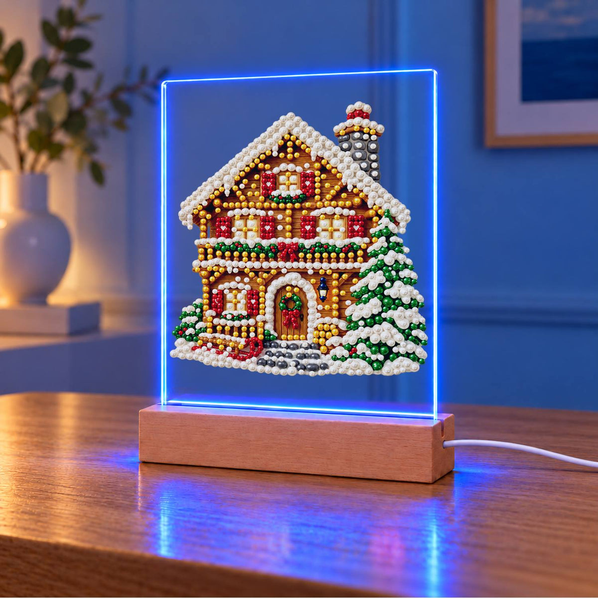 Snowy Alpine Chalet with Garland (Light-Up Pearl Painting)