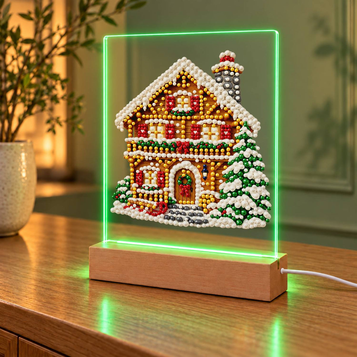 Snowy Alpine Chalet with Garland (Light-Up Pearl Painting)