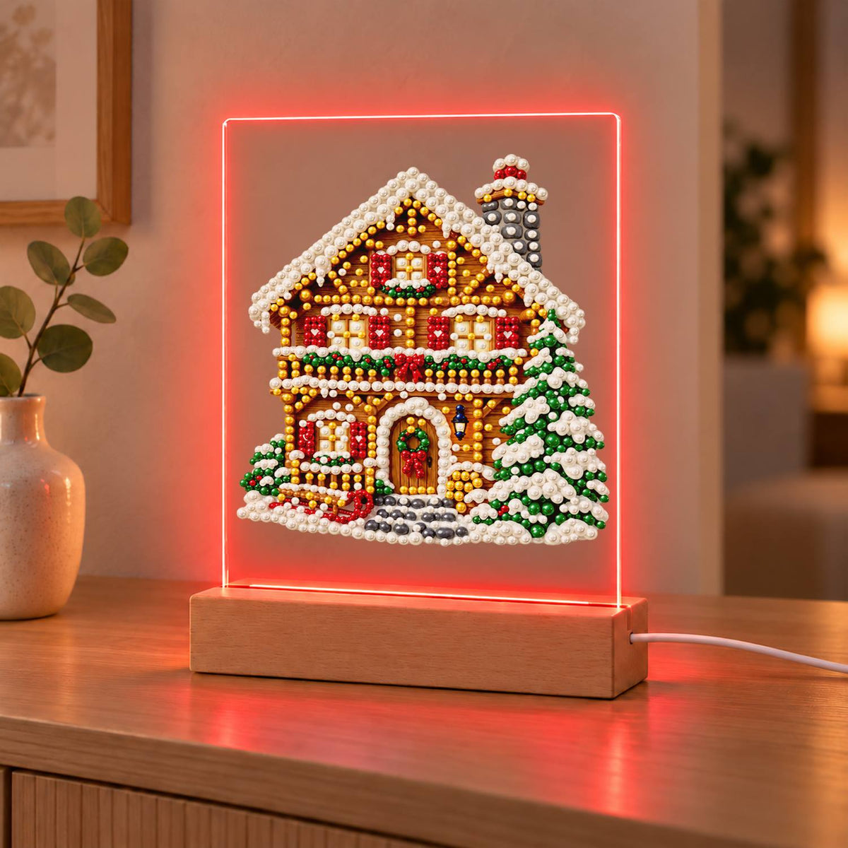 Snowy Alpine Chalet with Garland (Light-Up Pearl Painting)