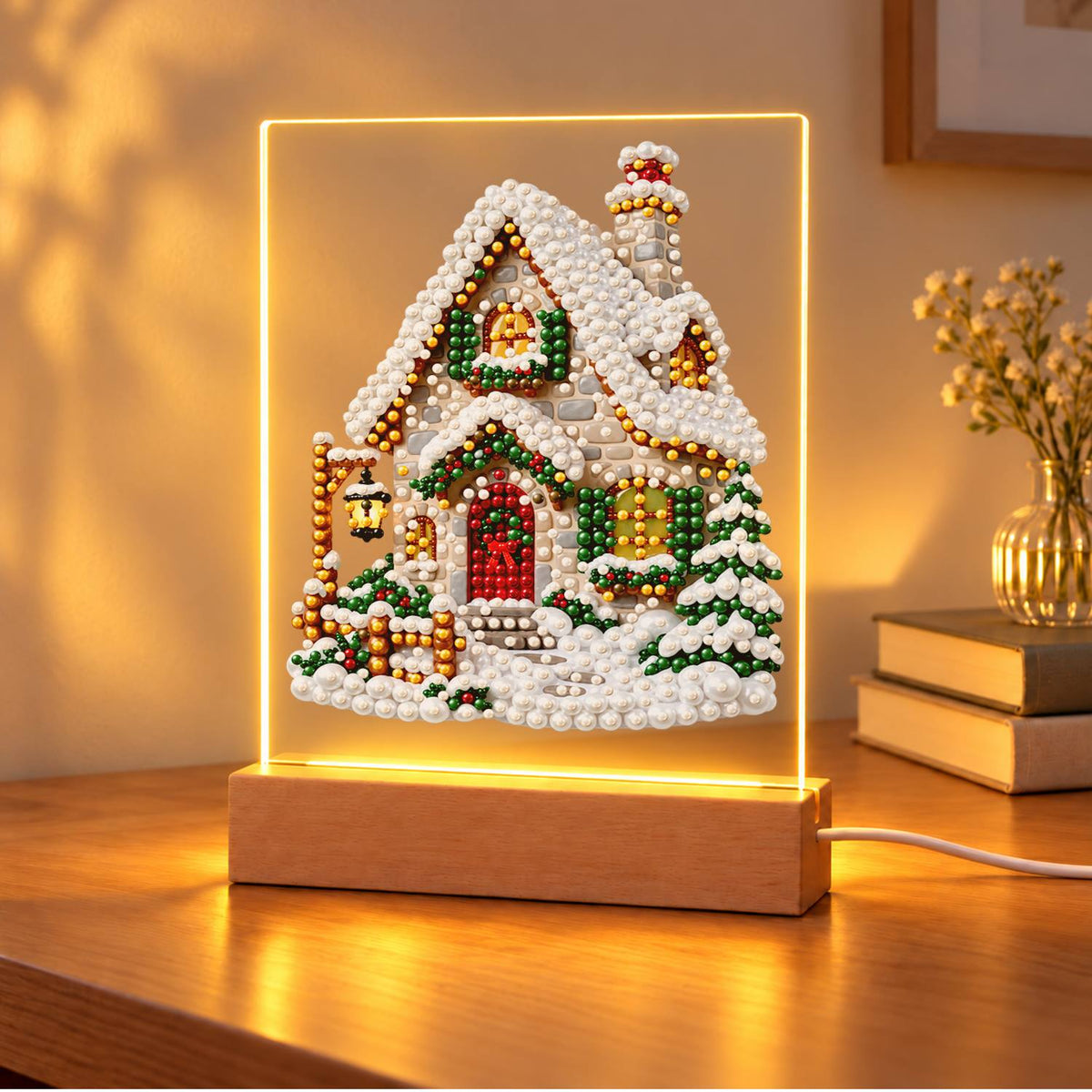 Snow-Laden Cottage with Gold Trim (Light-Up Pearl Painting)