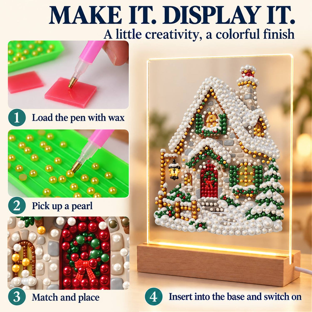Snow-Laden Cottage with Gold Trim (Light-Up Pearl Painting)