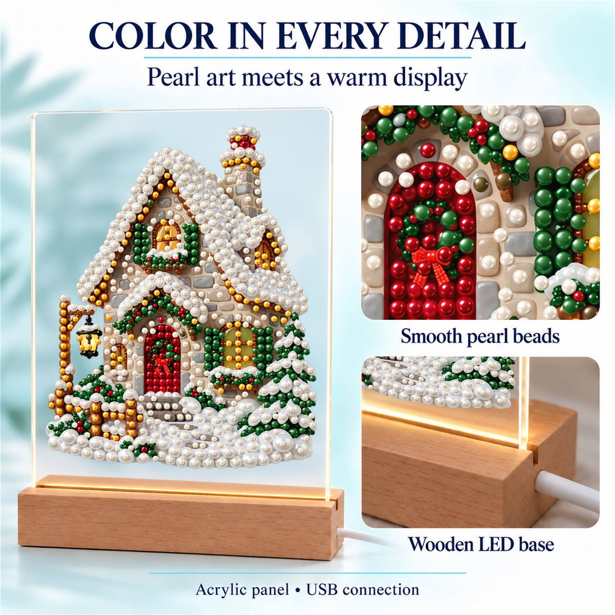 Snow-Laden Cottage with Gold Trim (Light-Up Pearl Painting)
