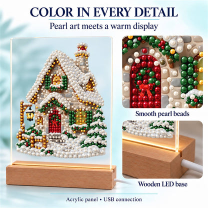 Snow-Laden Cottage with Gold Trim (Light-Up Pearl Painting)