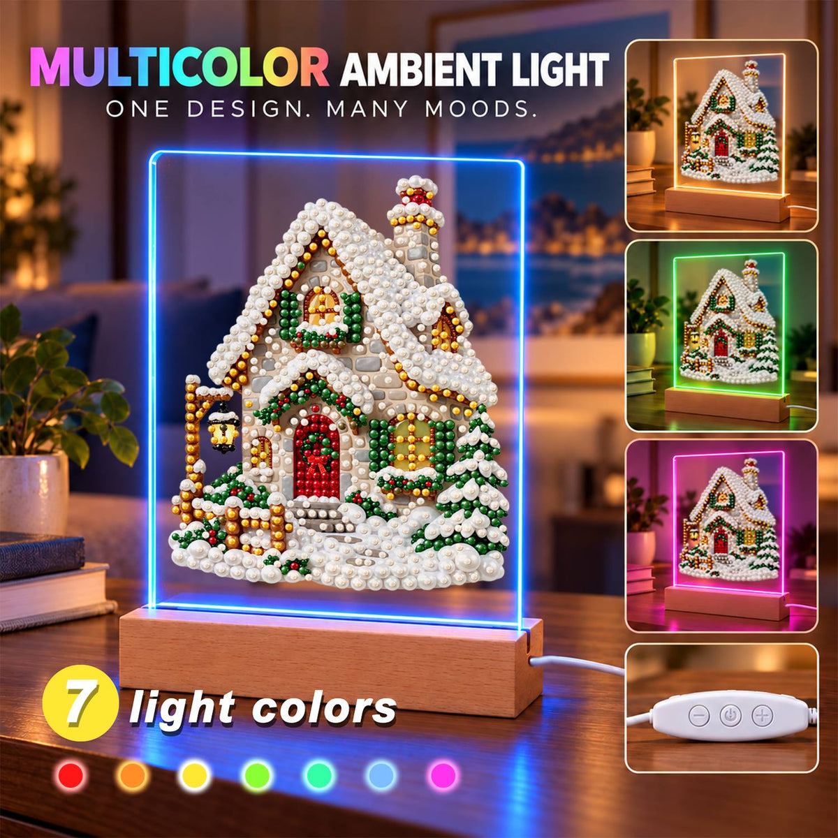 Snow-Laden Cottage with Gold Trim (Light-Up Pearl Painting)