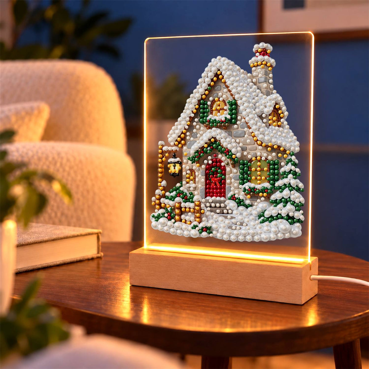 Snow-Laden Cottage with Gold Trim (Light-Up Pearl Painting)