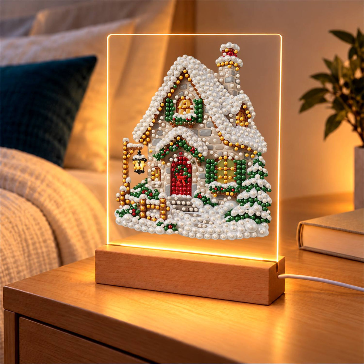 Snow-Laden Cottage with Gold Trim (Light-Up Pearl Painting)