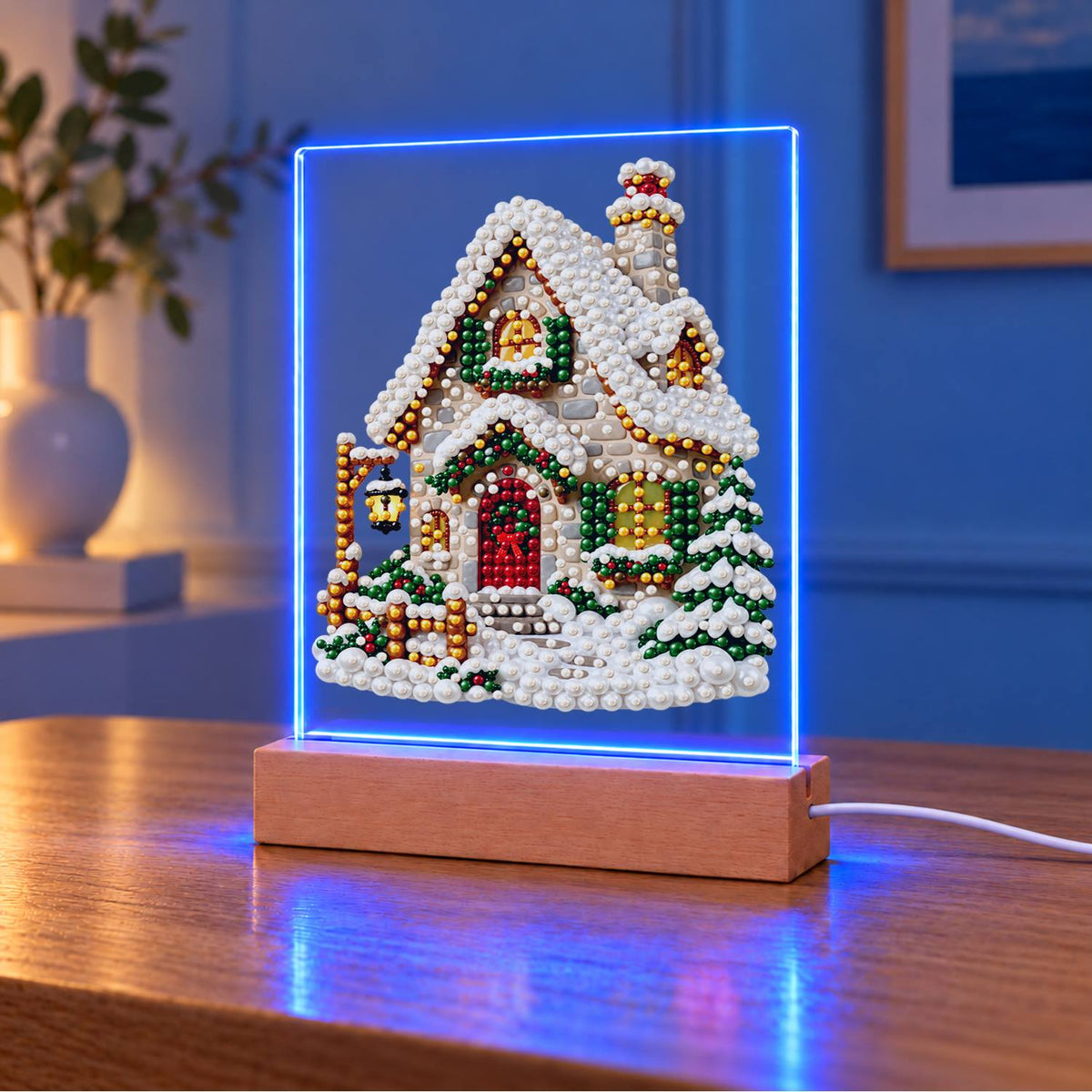 Snow-Laden Cottage with Gold Trim (Light-Up Pearl Painting)