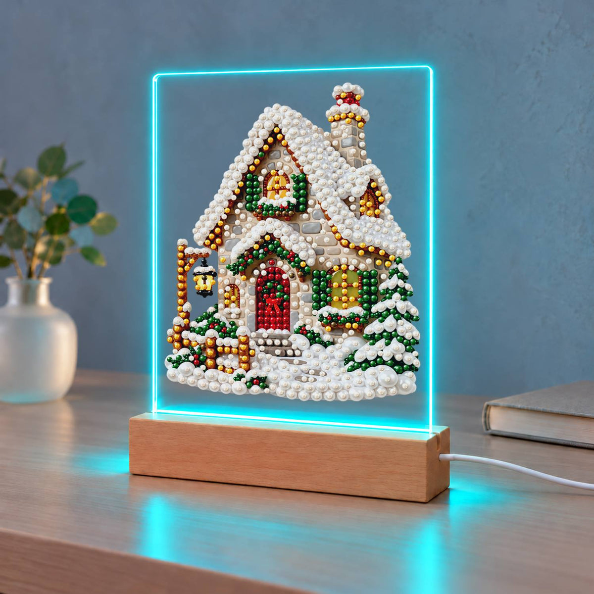 Snow-Laden Cottage with Gold Trim (Light-Up Pearl Painting)