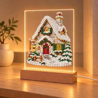 Snow-Laden Cottage with Gold Trim (Light-Up Pearl Painting)