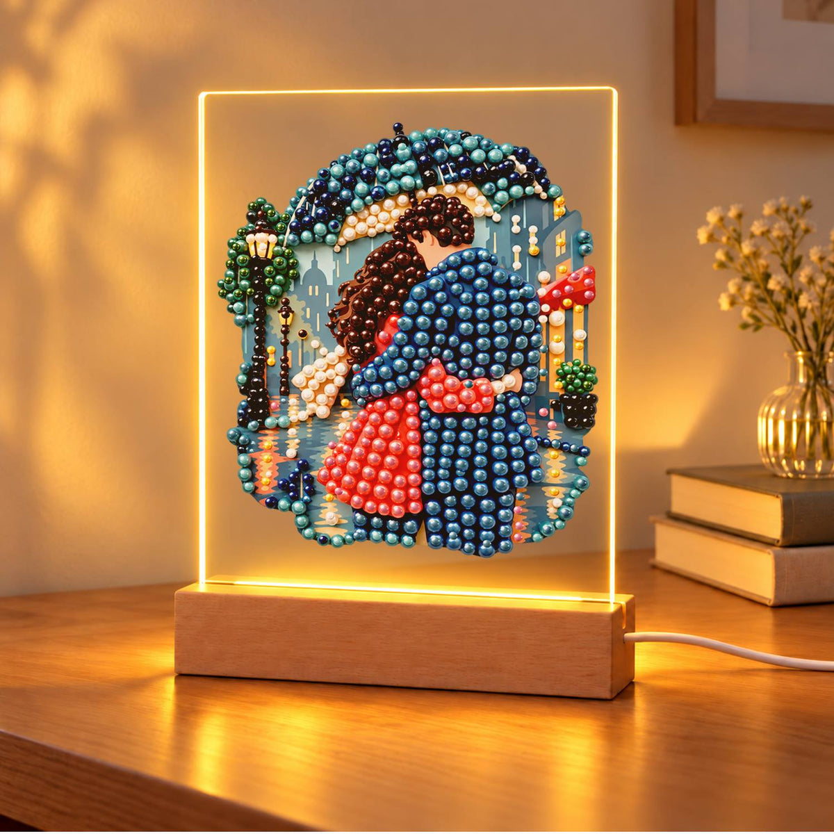 Rainy Night Umbrella Embrace (Light-Up Pearl Painting)