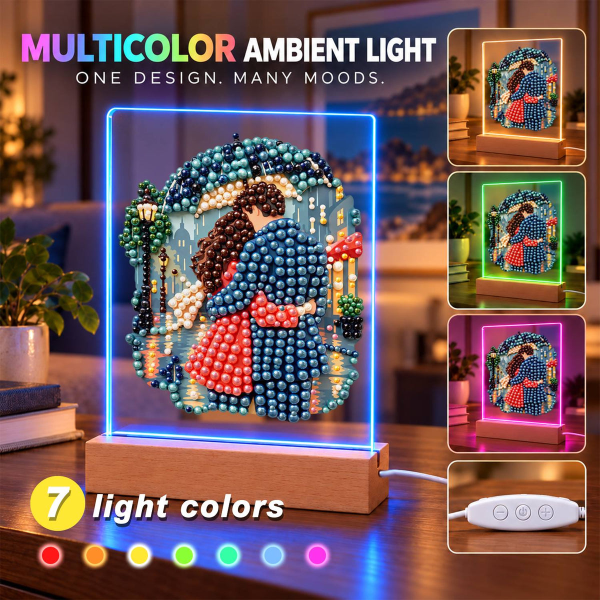 Rainy Night Umbrella Embrace (Light-Up Pearl Painting)