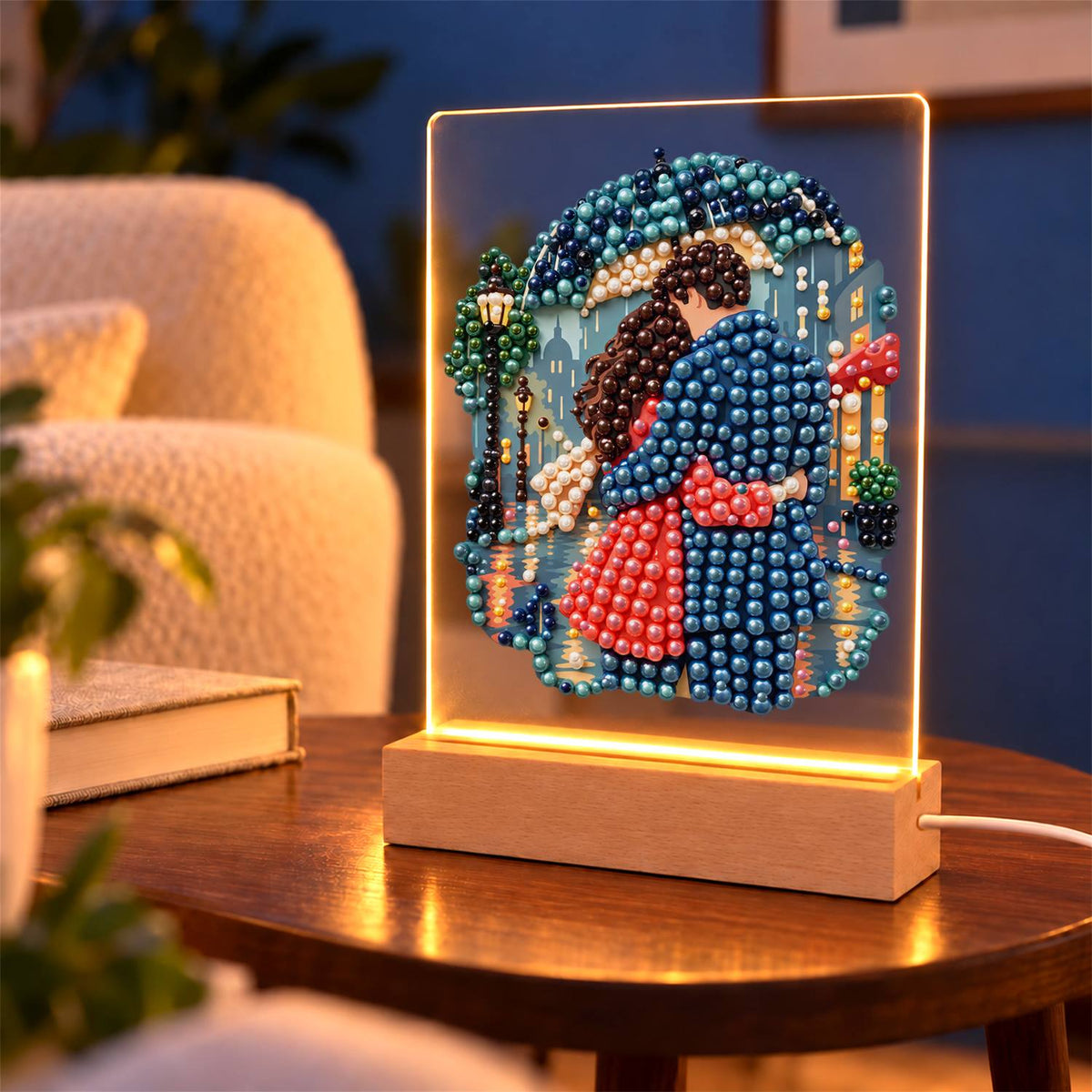 Rainy Night Umbrella Embrace (Light-Up Pearl Painting)