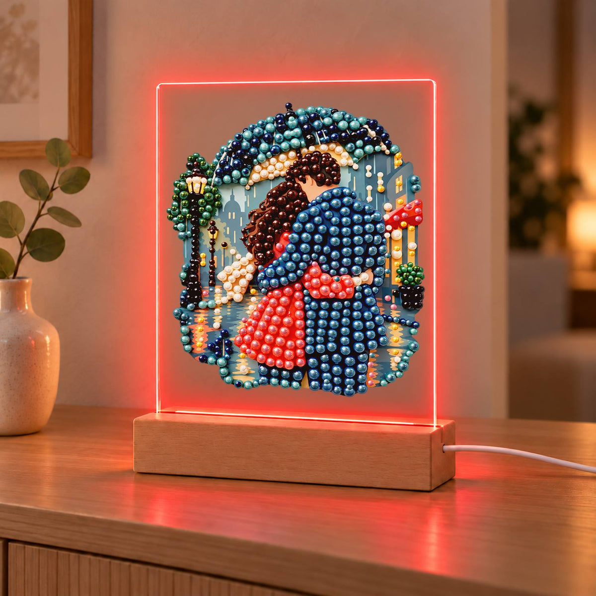Rainy Night Umbrella Embrace (Light-Up Pearl Painting)