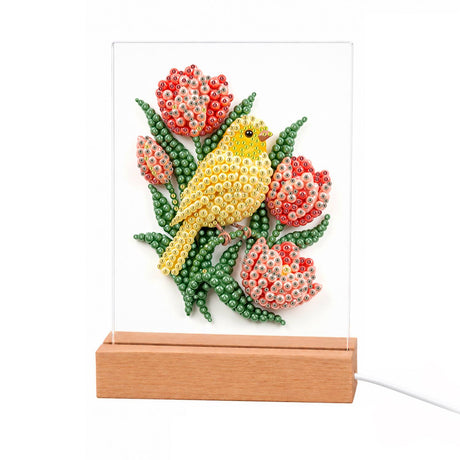 Canary Perched in Red Tulips light-up pearl painting – Yellow canary perched among red and pink tulips with green leaves