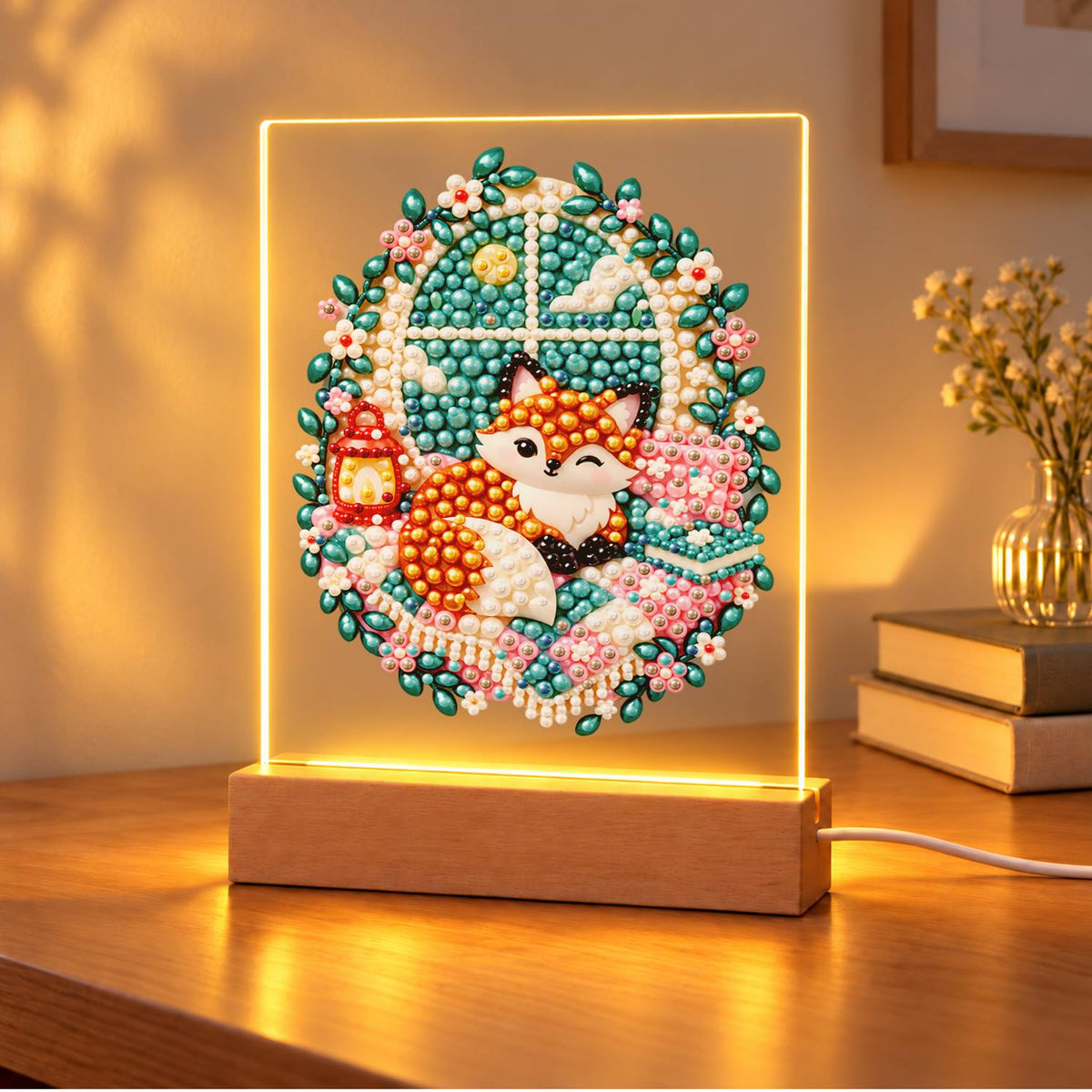 Cozy Fox by a Lantern Window (Light-Up Pearl Painting)