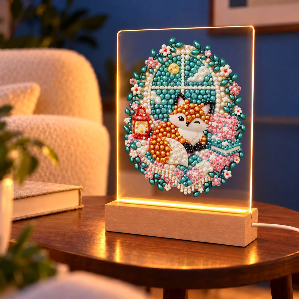 Cozy Fox by a Lantern Window (Light-Up Pearl Painting)