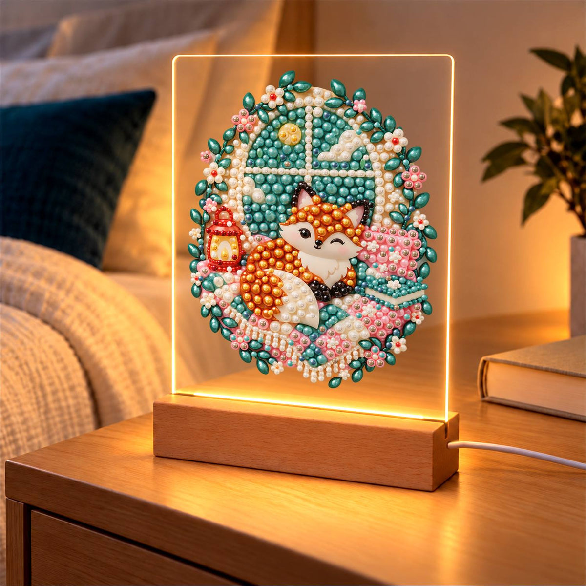 Cozy Fox by a Lantern Window (Light-Up Pearl Painting)