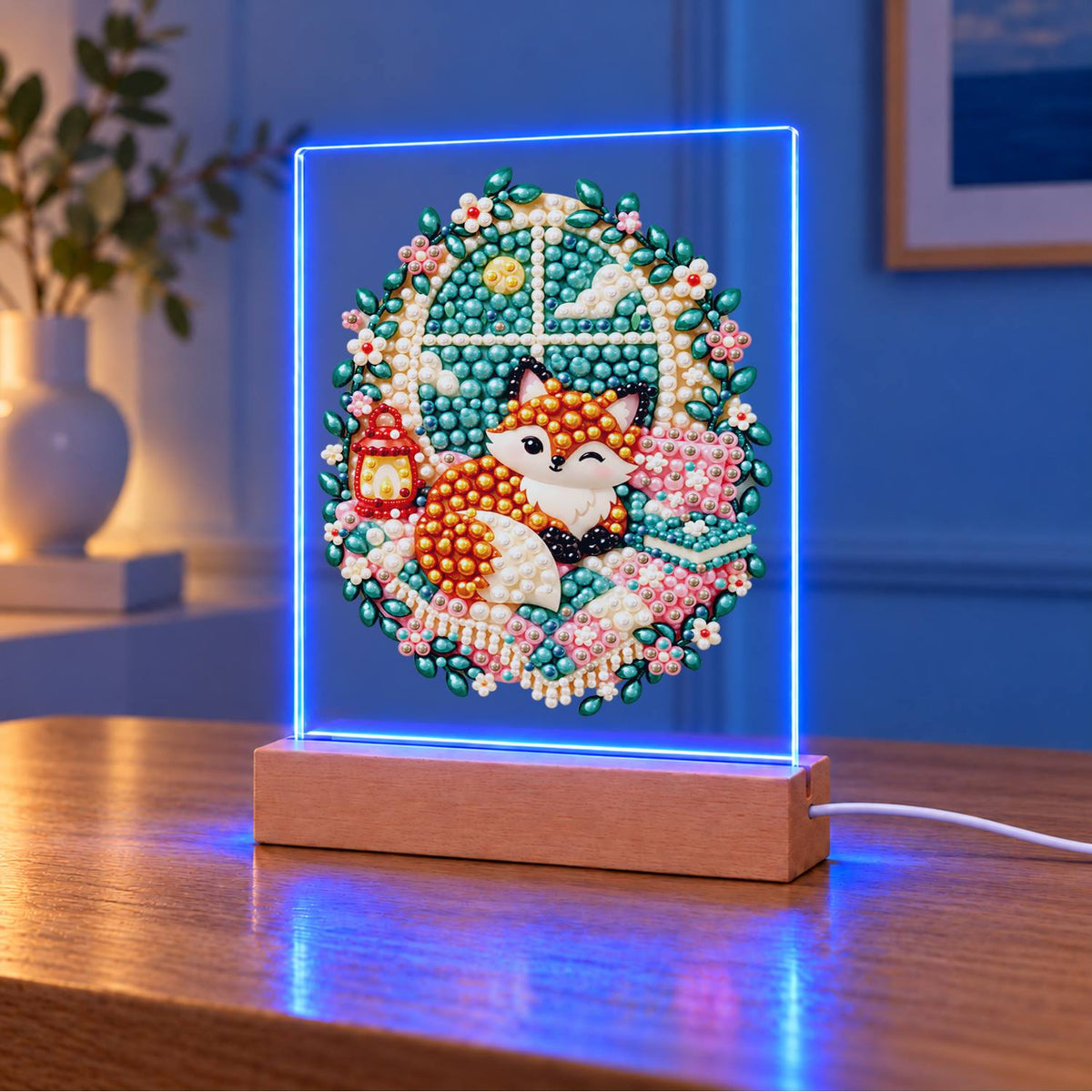 Cozy Fox by a Lantern Window (Light-Up Pearl Painting)