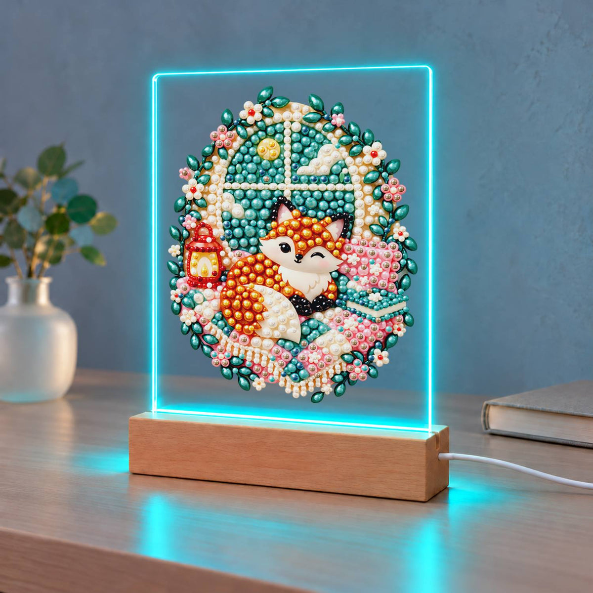Cozy Fox by a Lantern Window (Light-Up Pearl Painting)