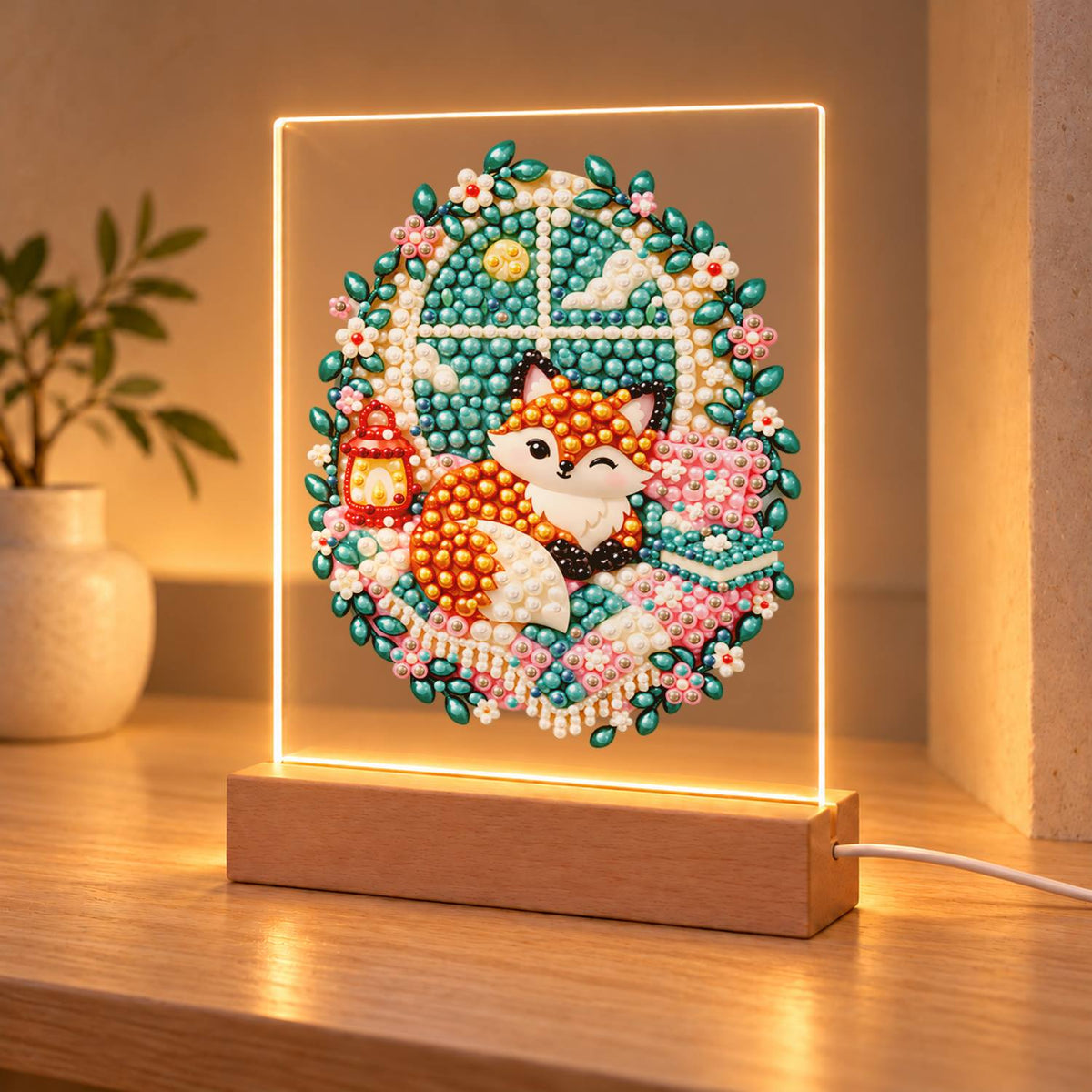 Cozy Fox by a Lantern Window (Light-Up Pearl Painting)
