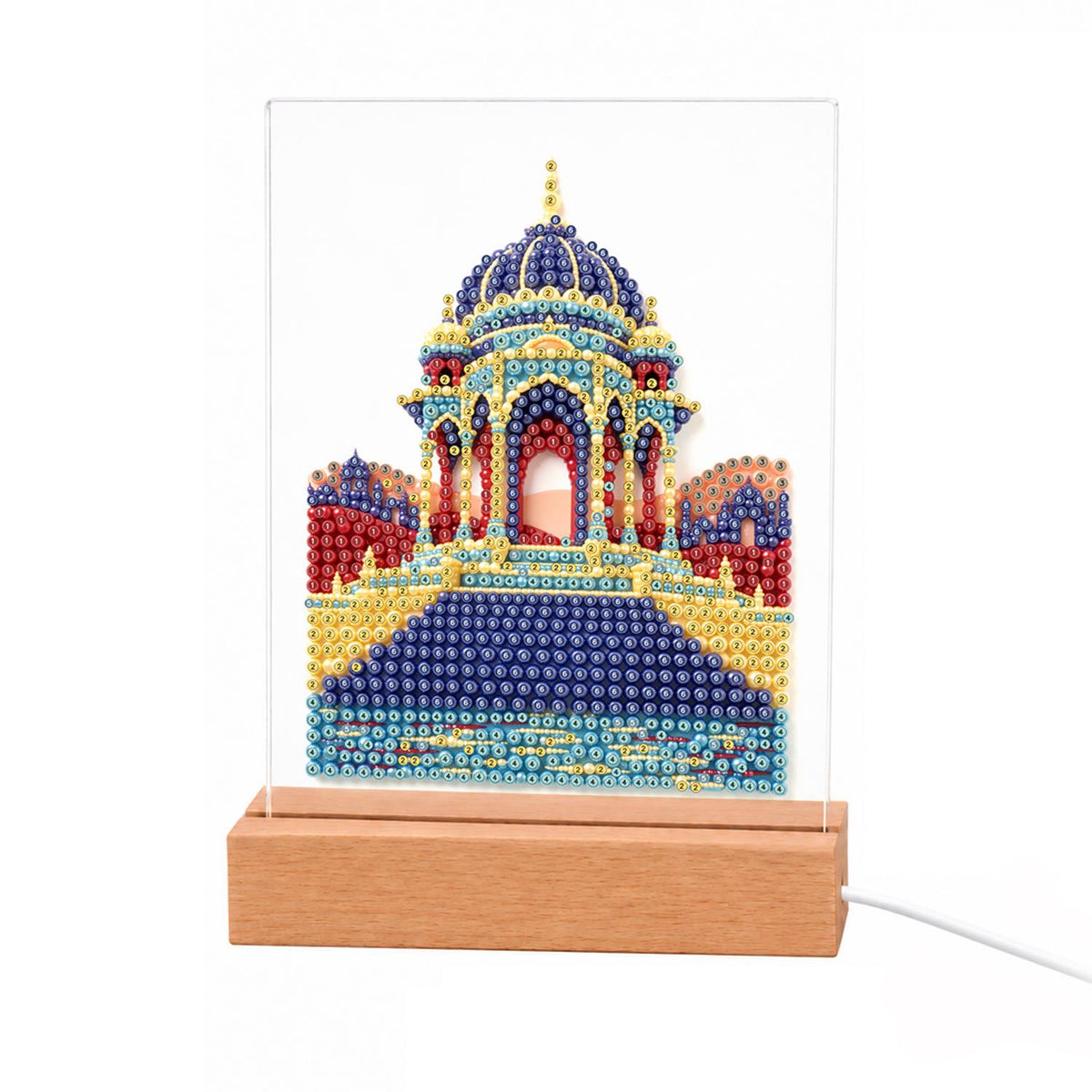 Blue-Domed Palace by the Water light-up pearl painting – Navy and gold domed palace with arched pillars beside a blue reflecting pool