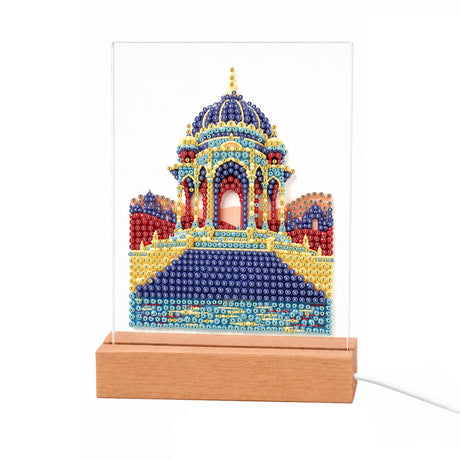 Blue-Domed Palace by the Water light-up pearl painting – Navy and gold domed palace with arched pillars beside a blue reflecting pool